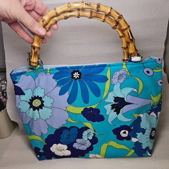 Handbag Blue Tropical Floral Fabric Summer Bamboo Handles Rachel & Co NY - Picture 3 of 9